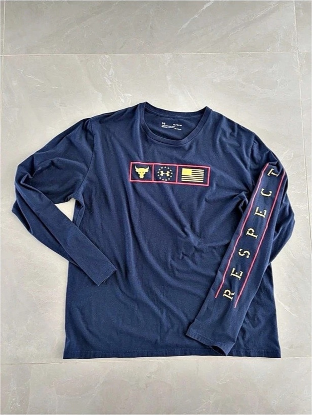 Mens Under Armour Project Rock Respect Long Sleeve T-Shirt Blue Size XL